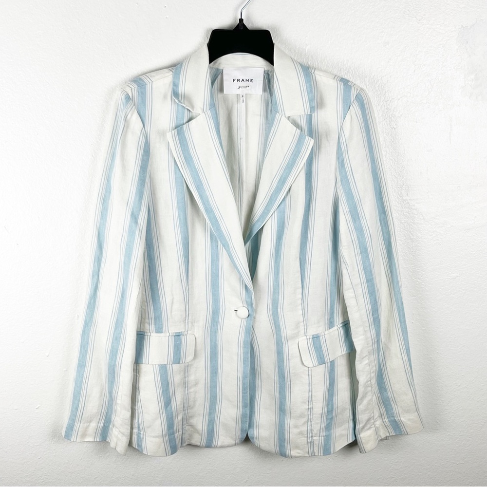 FRAME 100% Linen Blue Off White Striped Single Button Long Sleeves Blazer 8 Boho